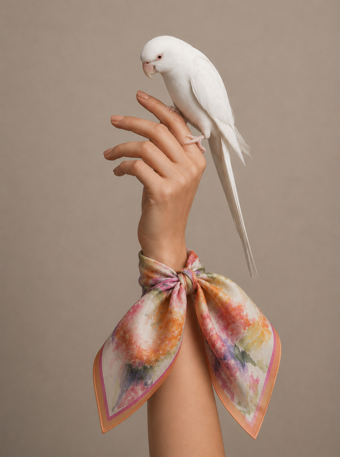 A white dove resting on a hand, a hand-painted silk scarf tied at the wrist